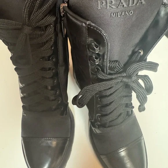 Prada Women's Brixxen Black Lace-Up Combat Boots - Picture 5 of 14